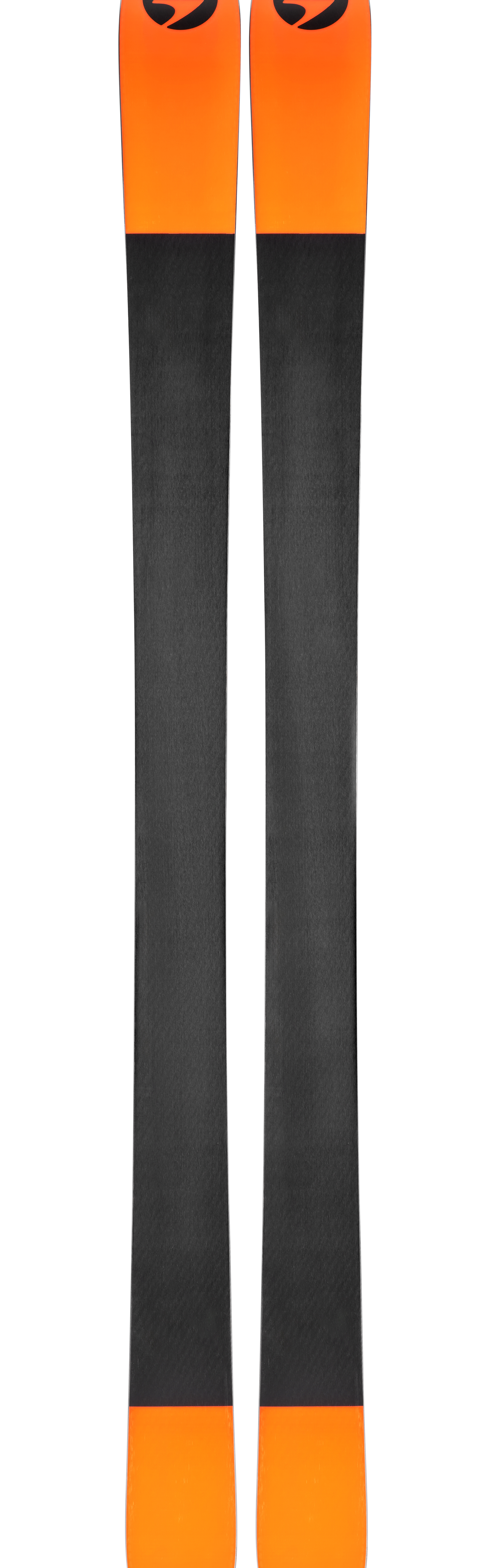 Pair of orange-and-white 102 skis with curved tips and black sidewalls.