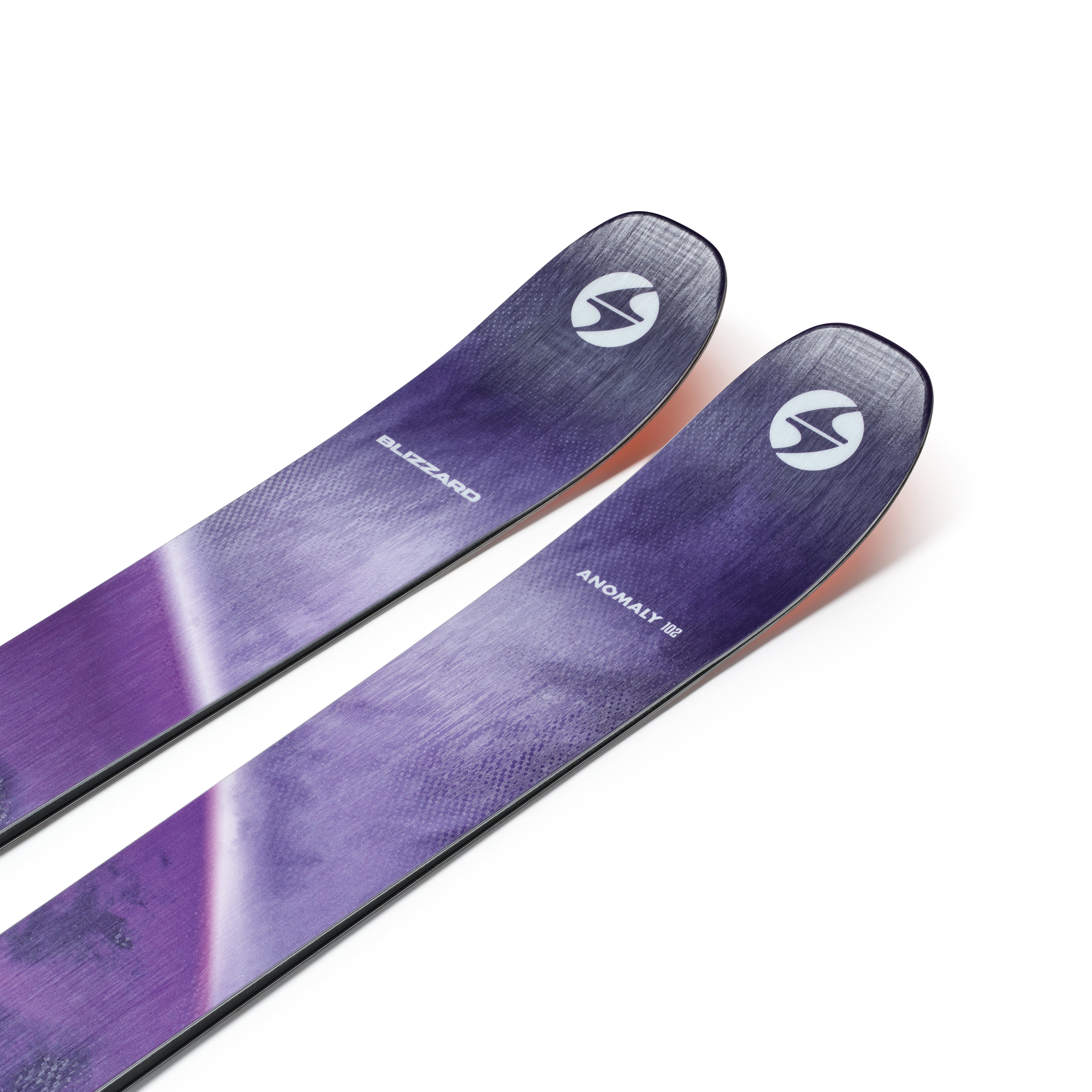 Two purple 102 skis angled side by side, showing top logos and graphics.