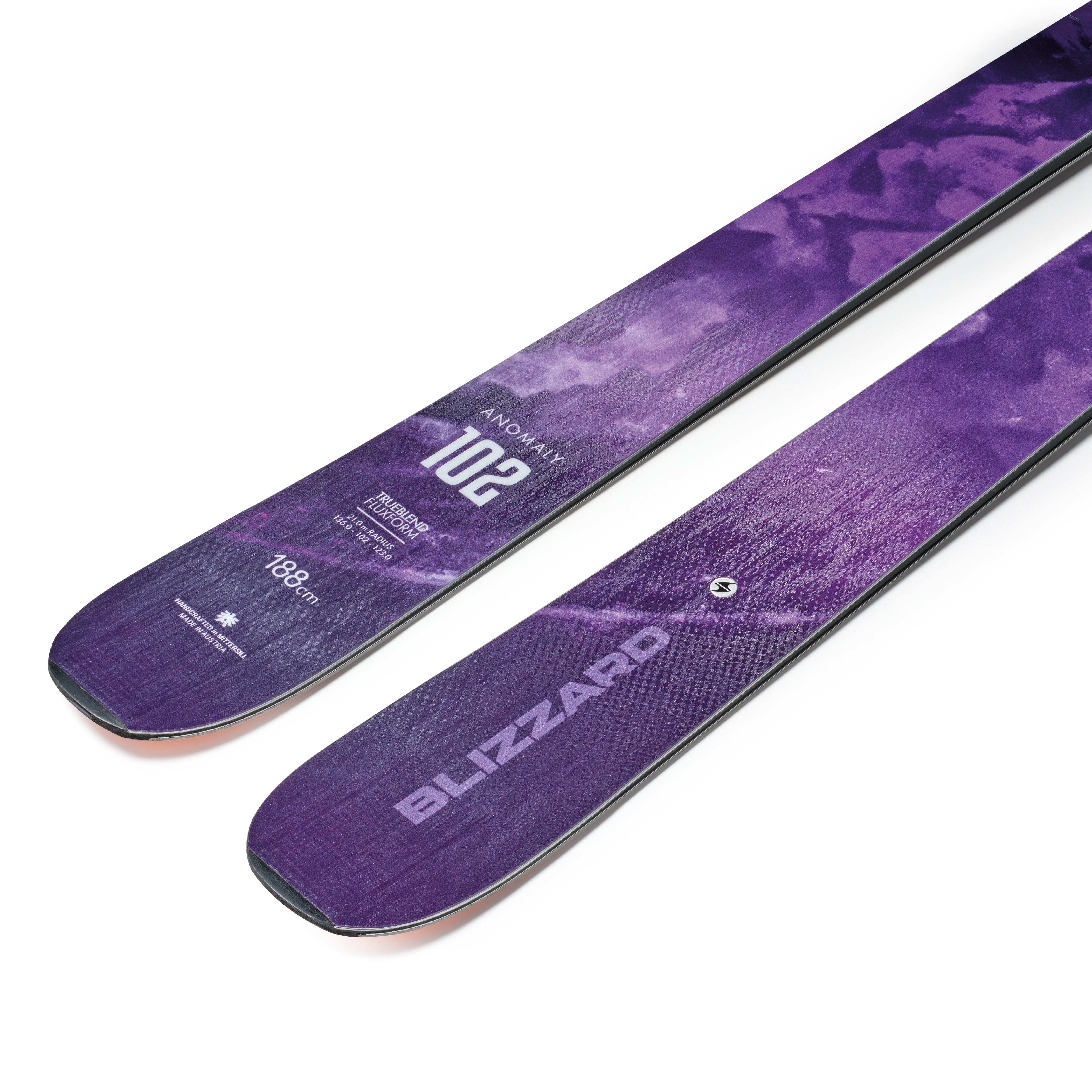 Purple 102 skis with BLIZZARD branding, size text, and purple top graphics.