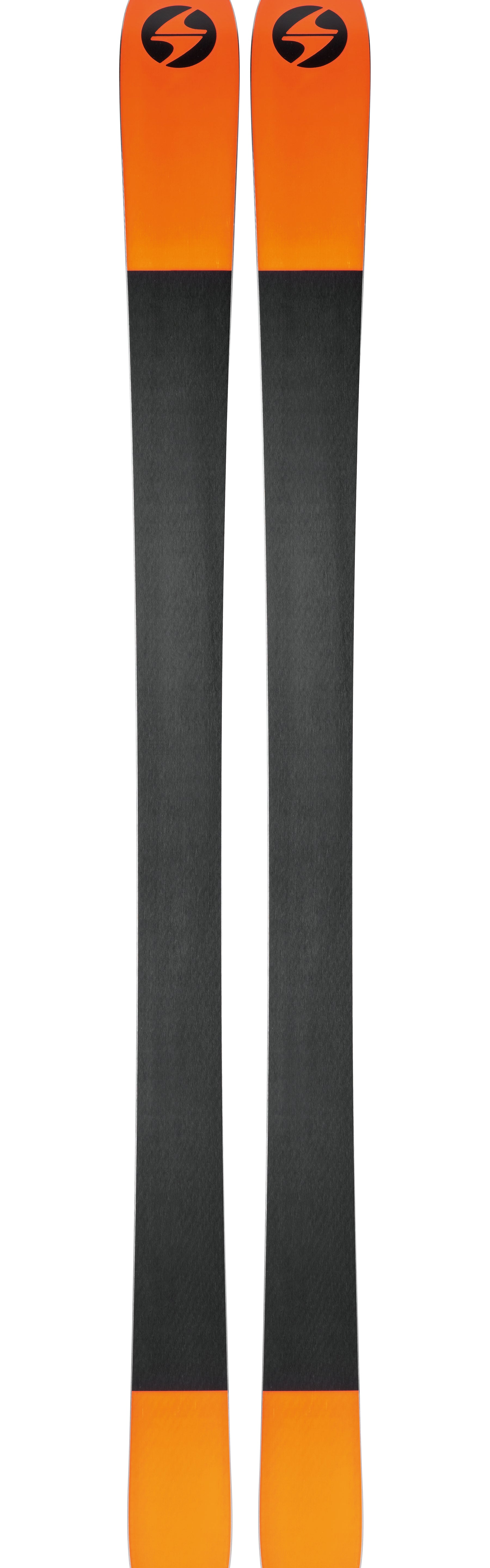 Orange skis with black bases and circular logos, full-length pair.