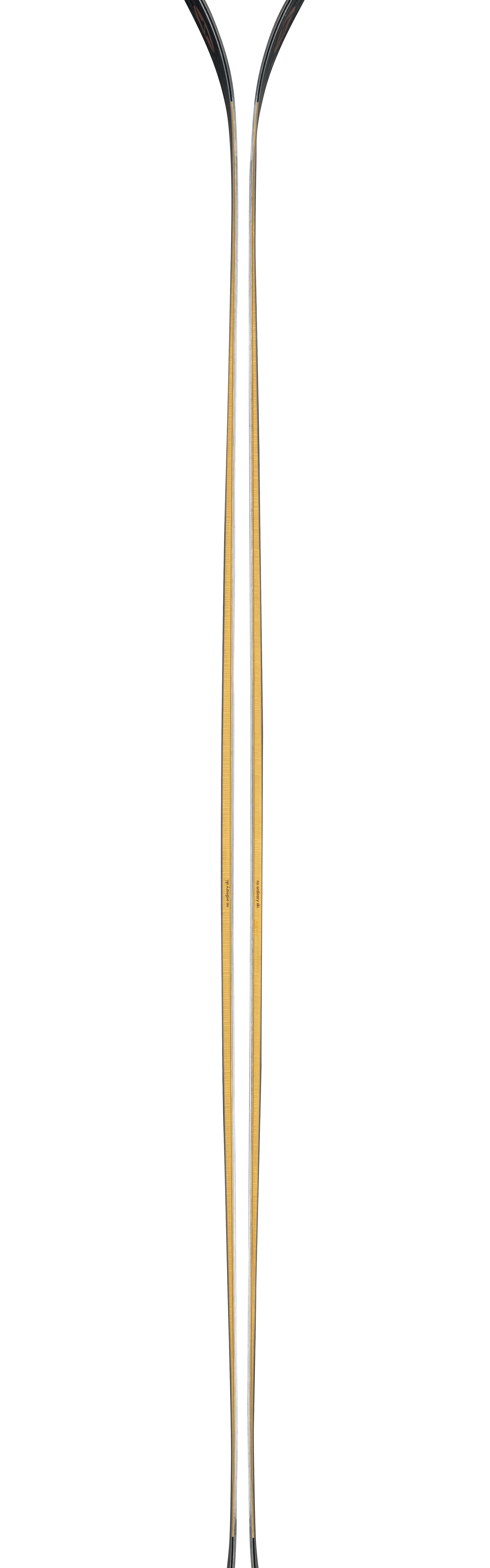 Pair of Anomaly 88 skis with pale tops and dark tips, long narrow profile
