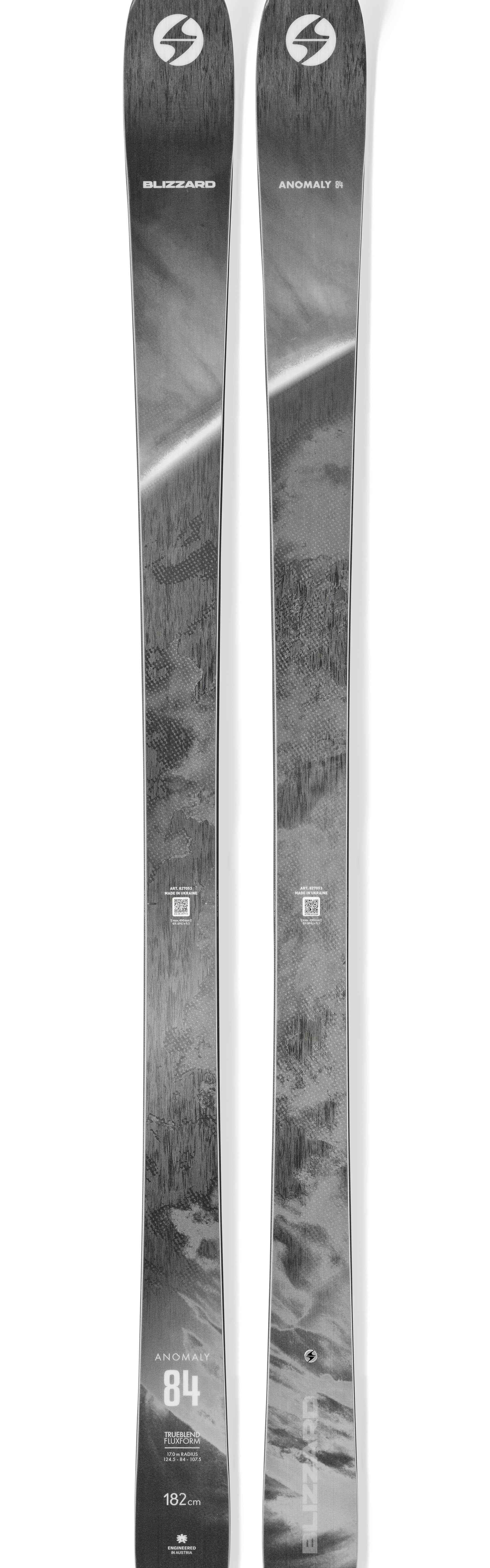Blizzard Anomaly 84 skis in black/grey, long twin tips with front branding