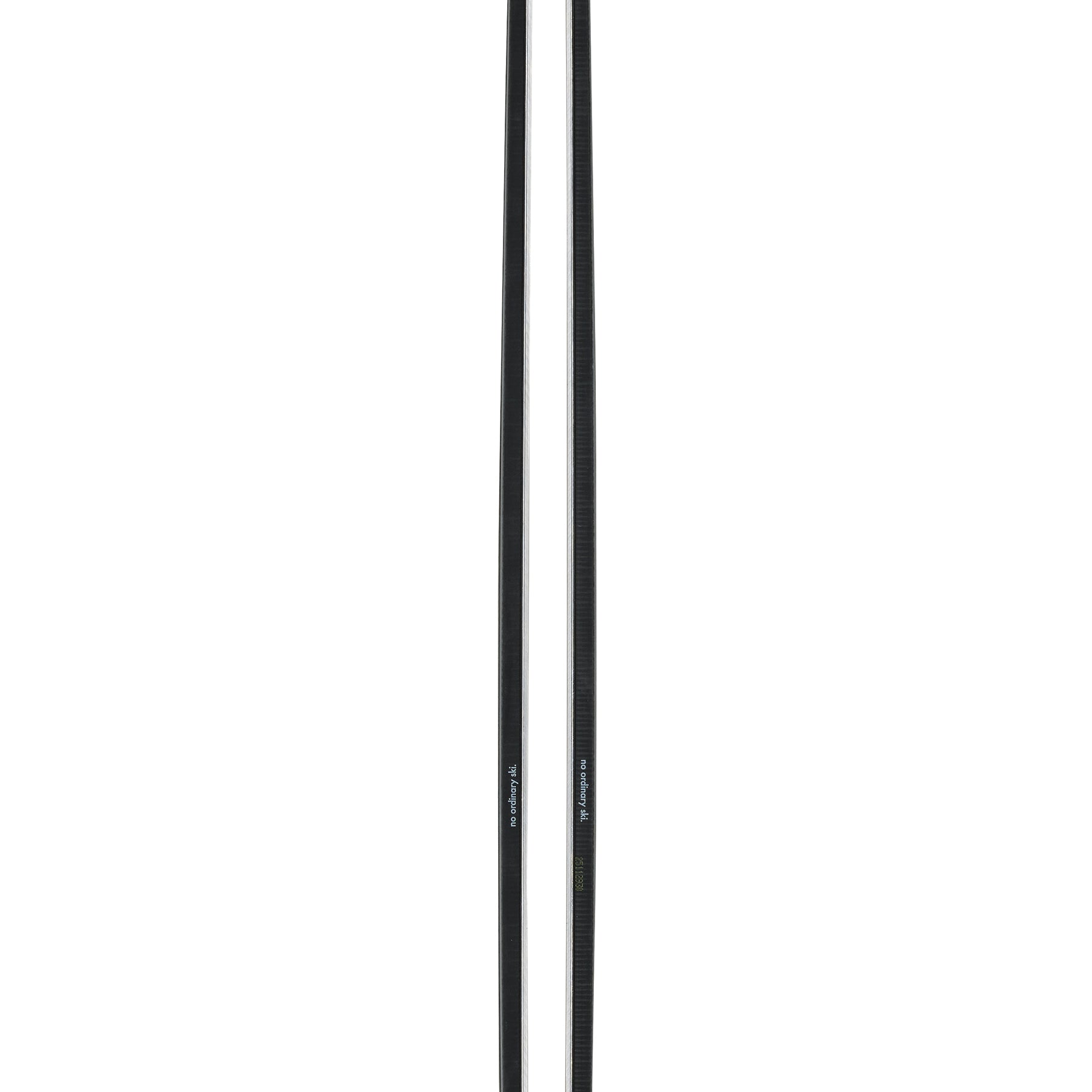 Pair of skis with long slender shape, light base and dark tips