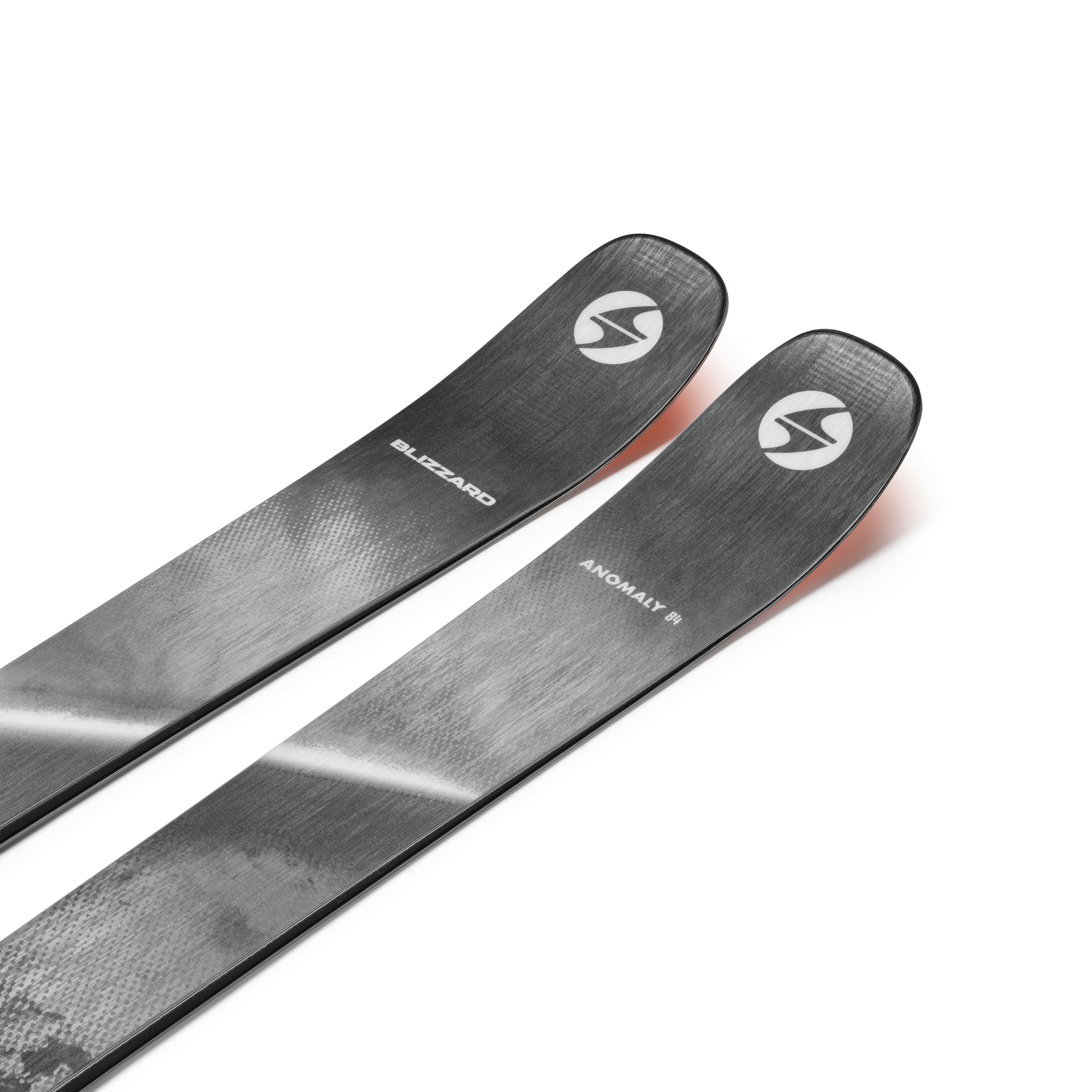 Blizzard Anomaly 84 skis top view, dark grey decks with logo circles