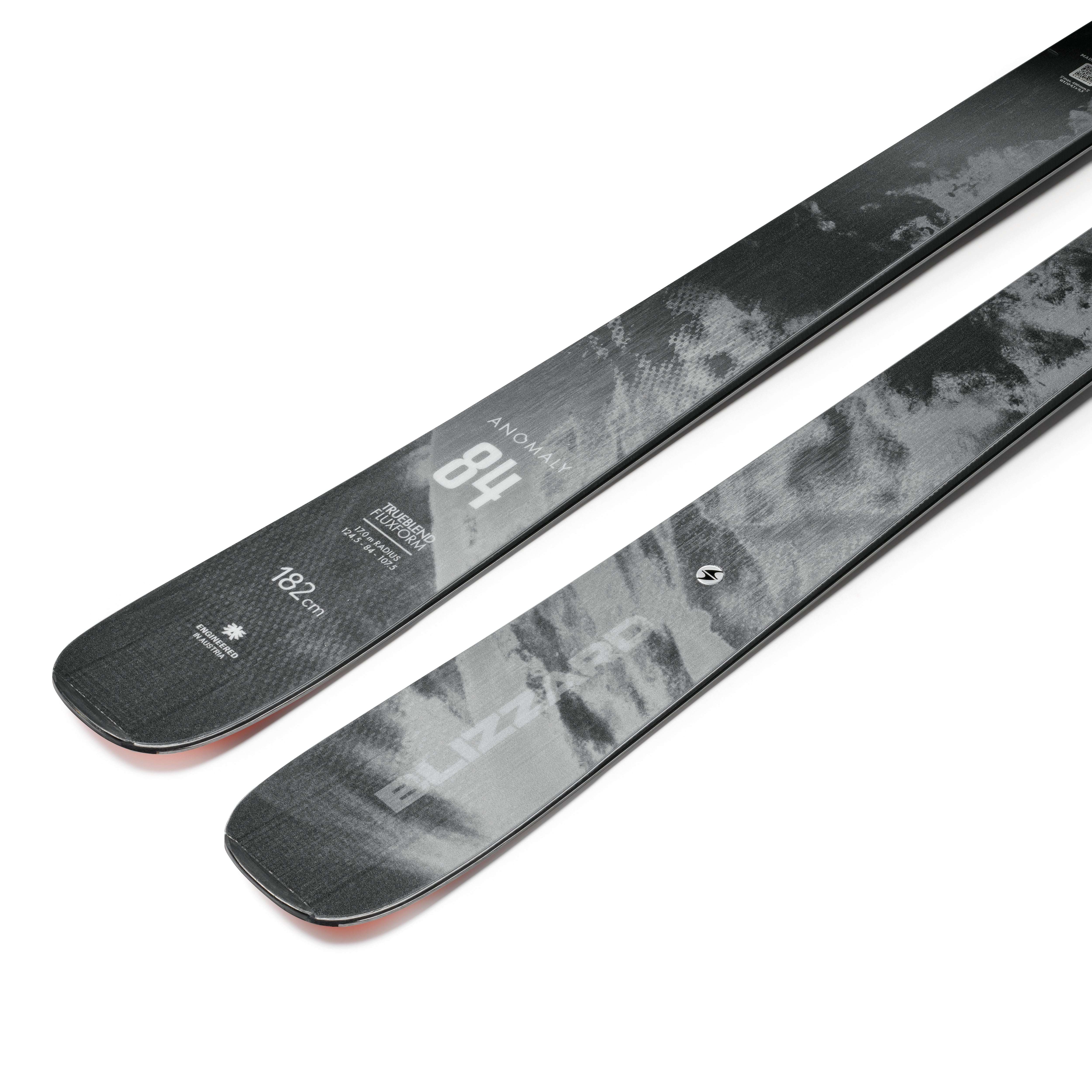 Blizzard Anomaly 84 skis side close-up, dark grey base with 84 graphic