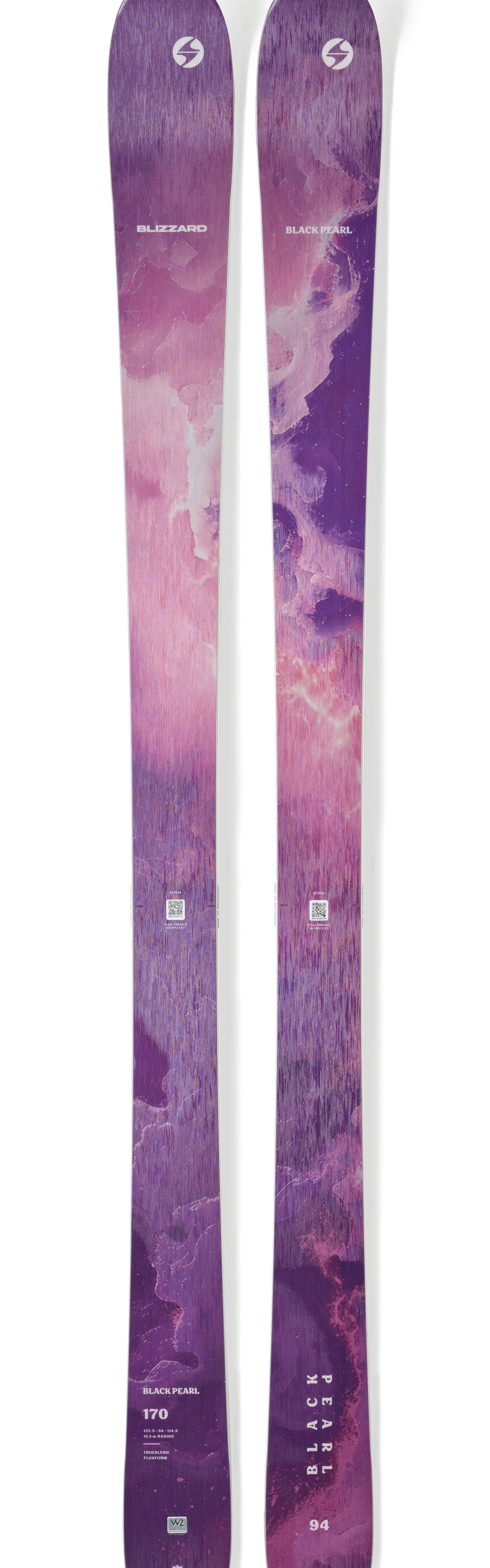 Purple and pink skis with Blizzard logo and circular emblem on top sheets.