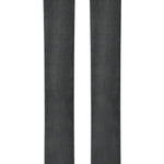 Orange skis with black lower halves and circular emblem on top sheets.