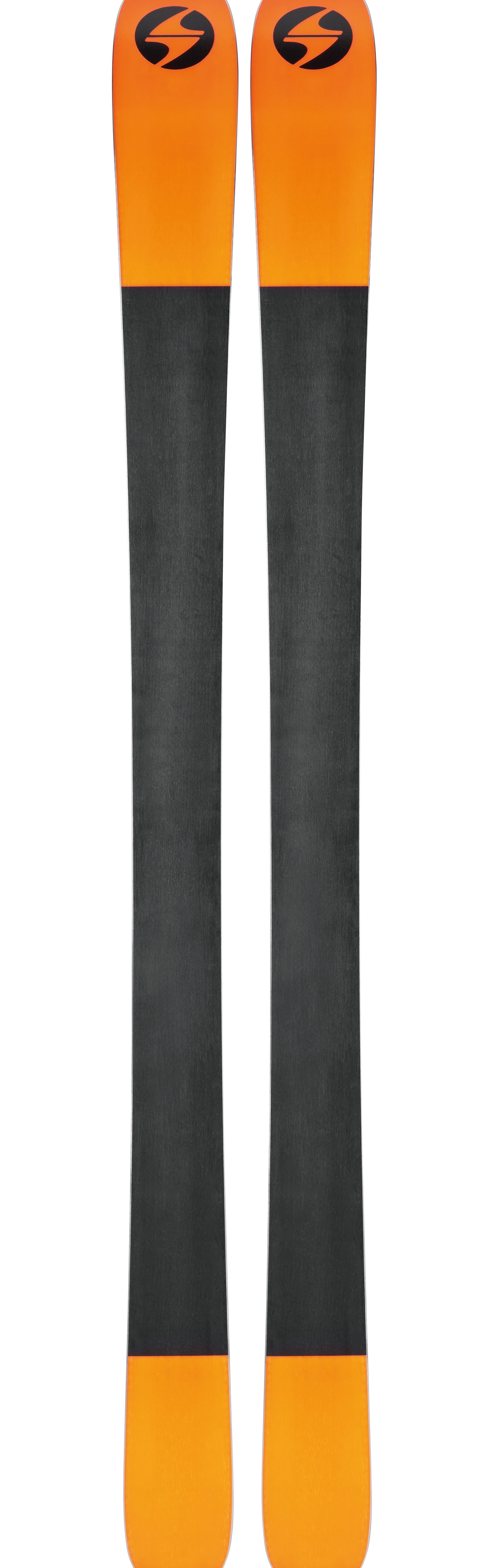 Orange skis with black lower halves and circular emblem on top sheets.