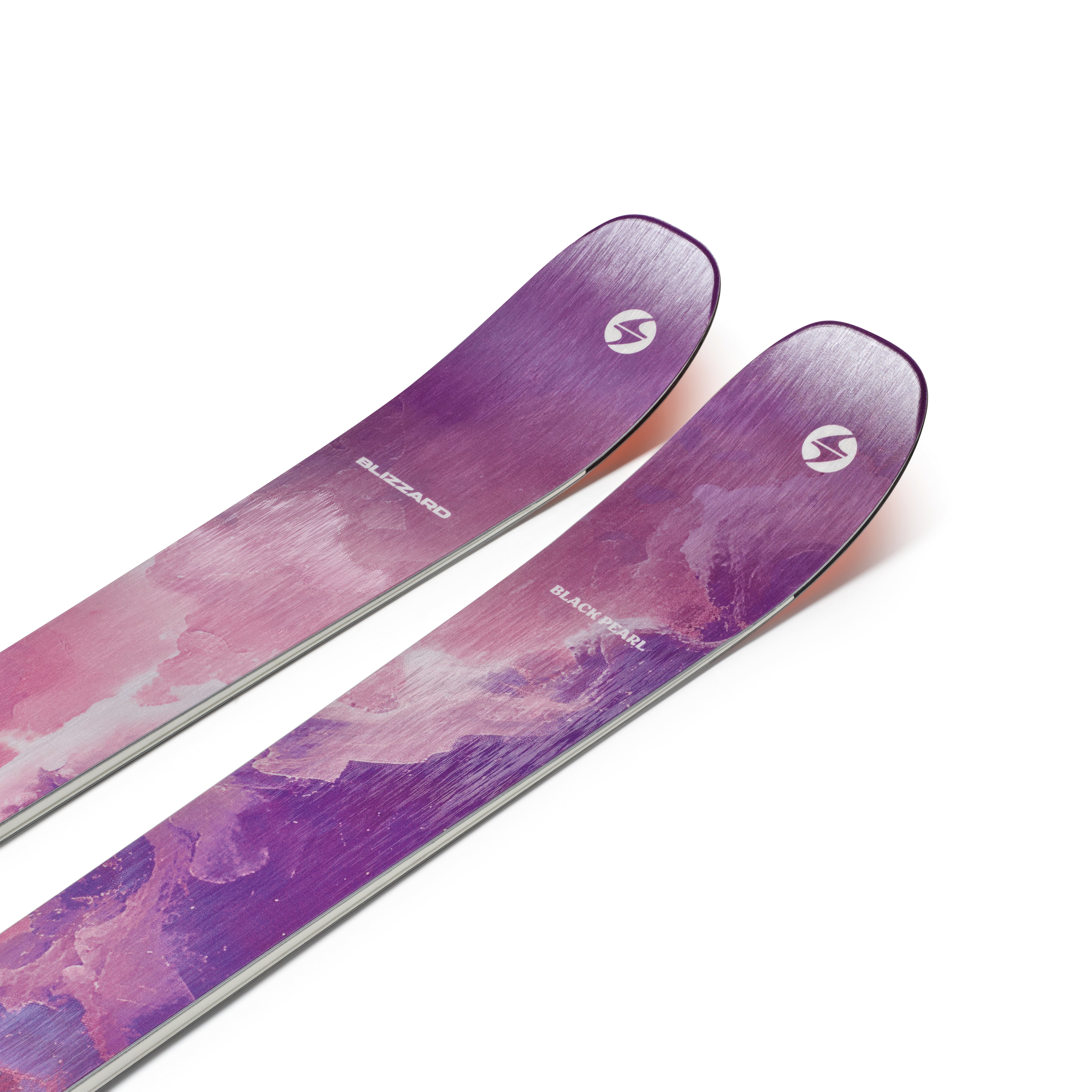 Pair of purple skis with watercolor pattern and Blizzard logo on top.