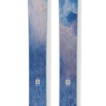 Pair of blue alpine skis with Blizzard logo and patterned graphic topsheets