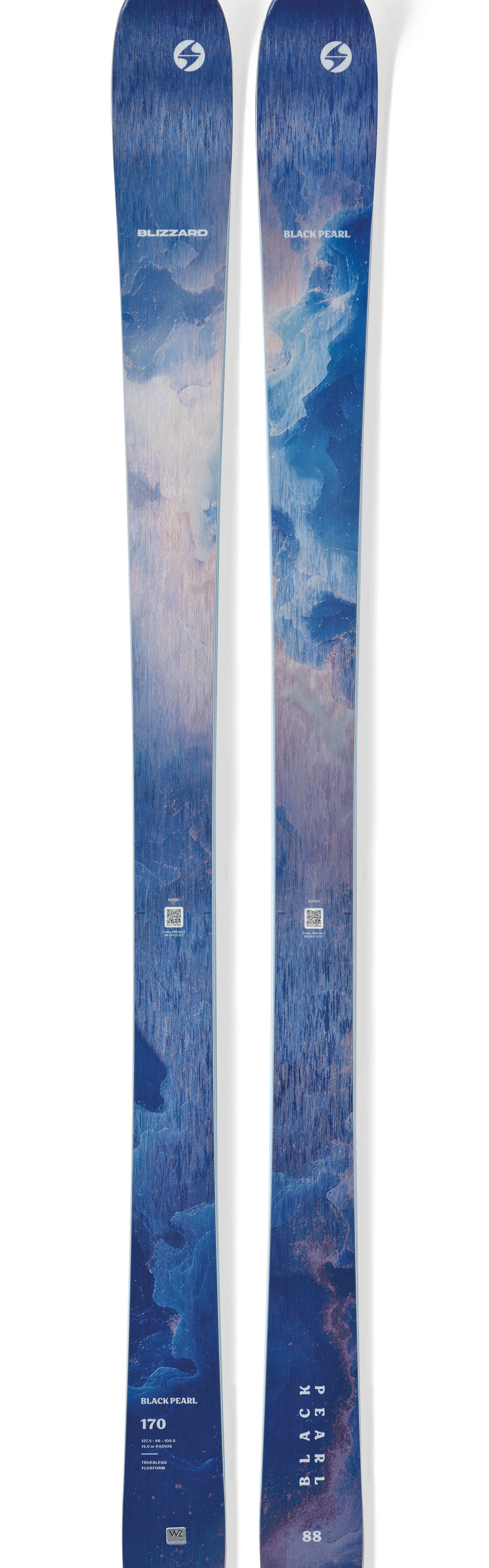 Pair of blue alpine skis with Blizzard logo and patterned graphic topsheets