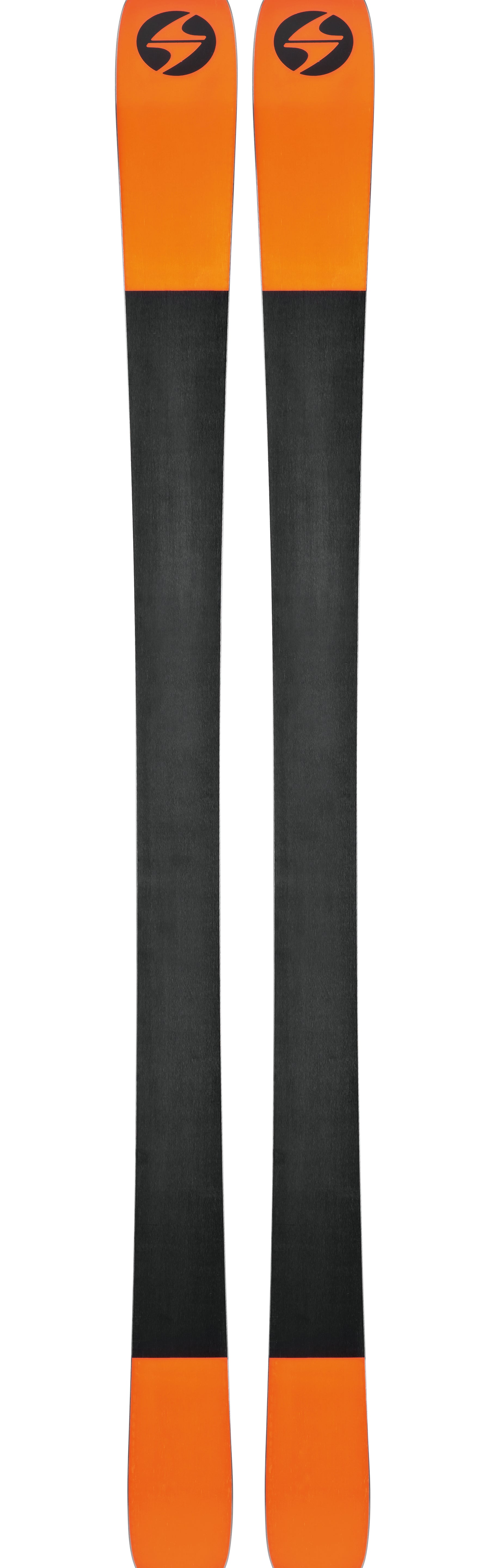 Pair of orange and black skis with circular Blizzard logos on tips
