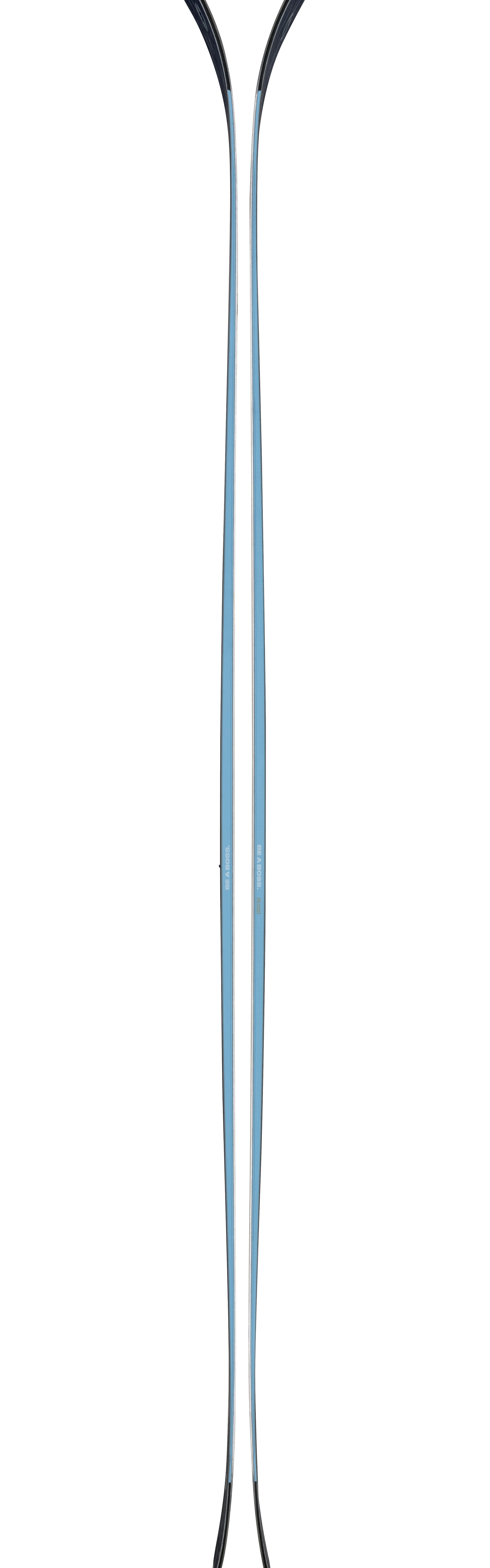 Pair of light blue skis with black tips and slim side profile