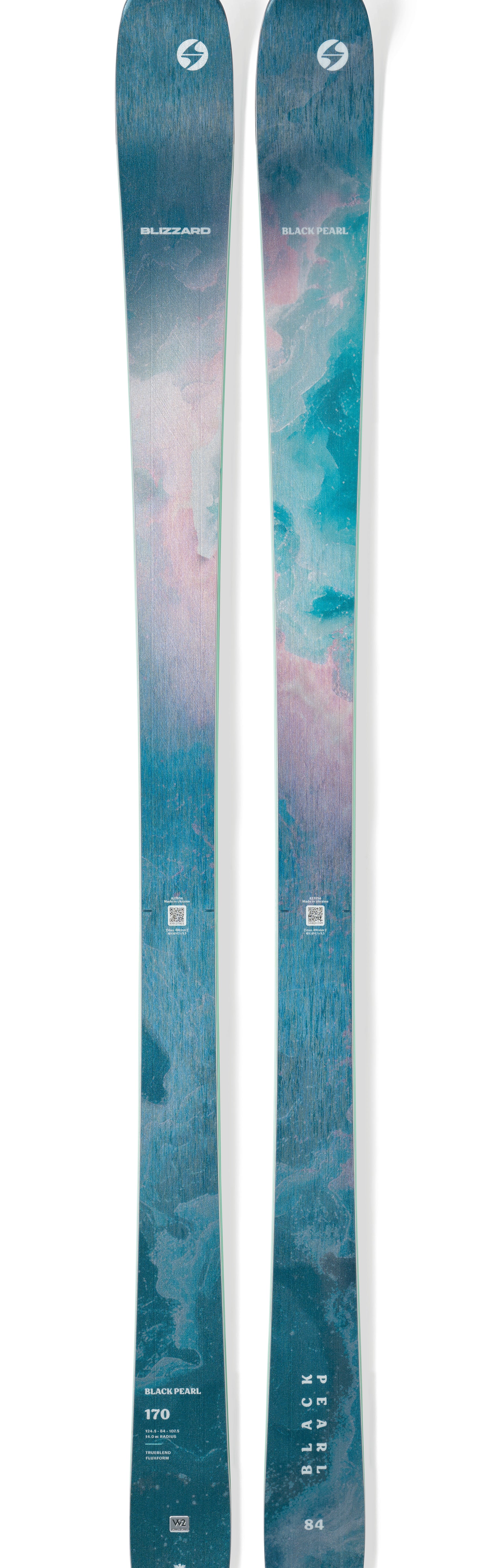 Pair of Blizzard skis, teal blue with pink gradient tips and logo emblems