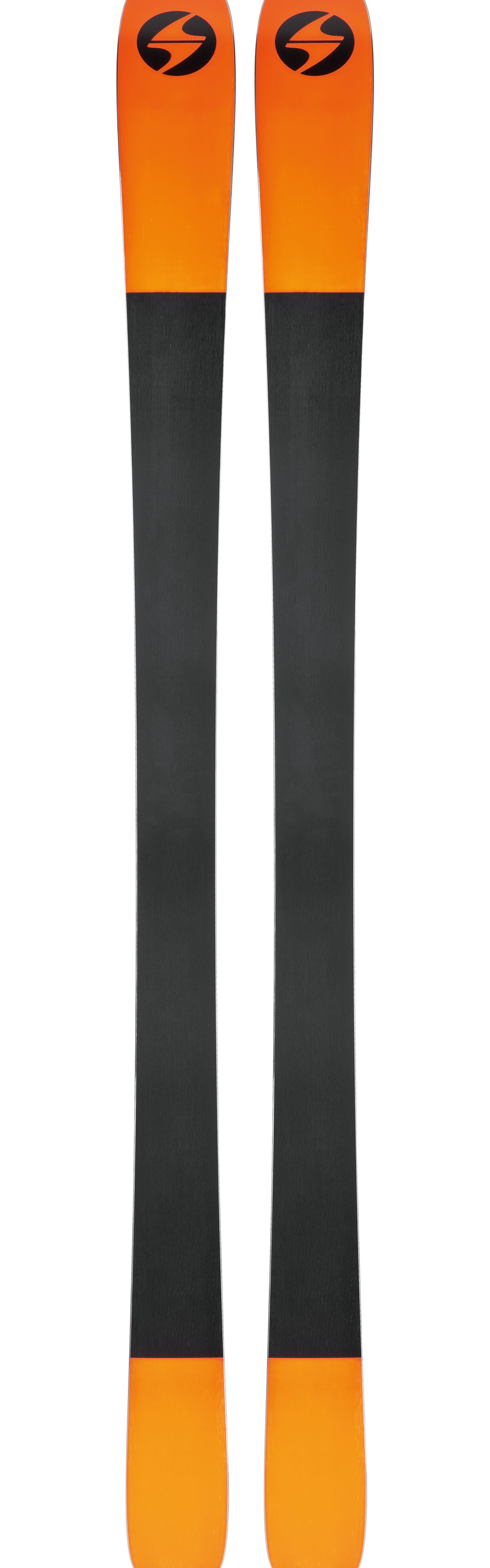 Pair of Blizzard skis, orange tips with black midsection and circular logo