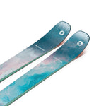 Blizzard skis pair with teal blue artwork, white logo medallions, side profile