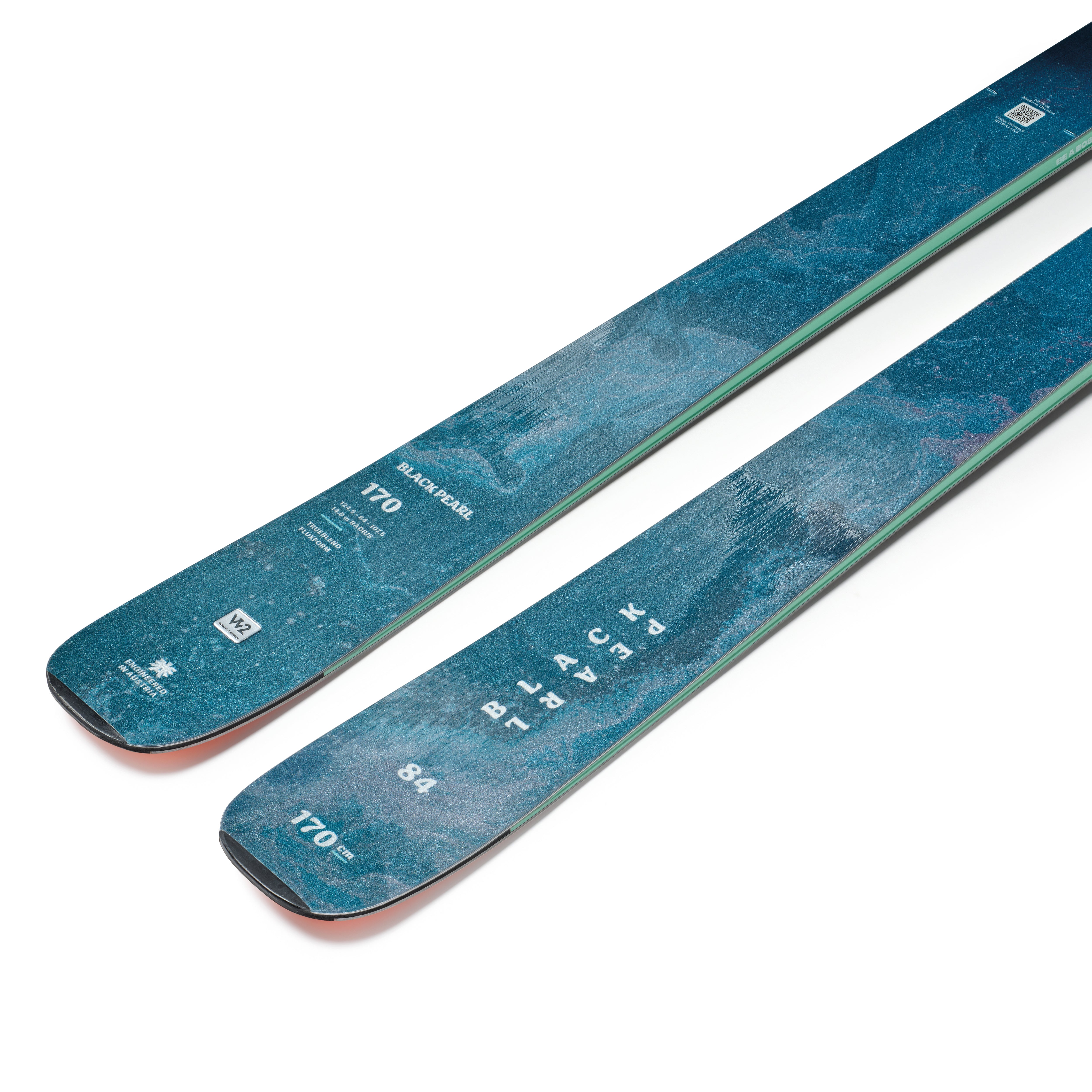 Blizzard skis pair close-up, blue topsheet with size marking and edge graphics
