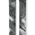 Pair of black skis with teal logo, mint edge, and textured graphic tops.