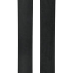 Pair of orange and black skis with teal branding and contrasting end caps.