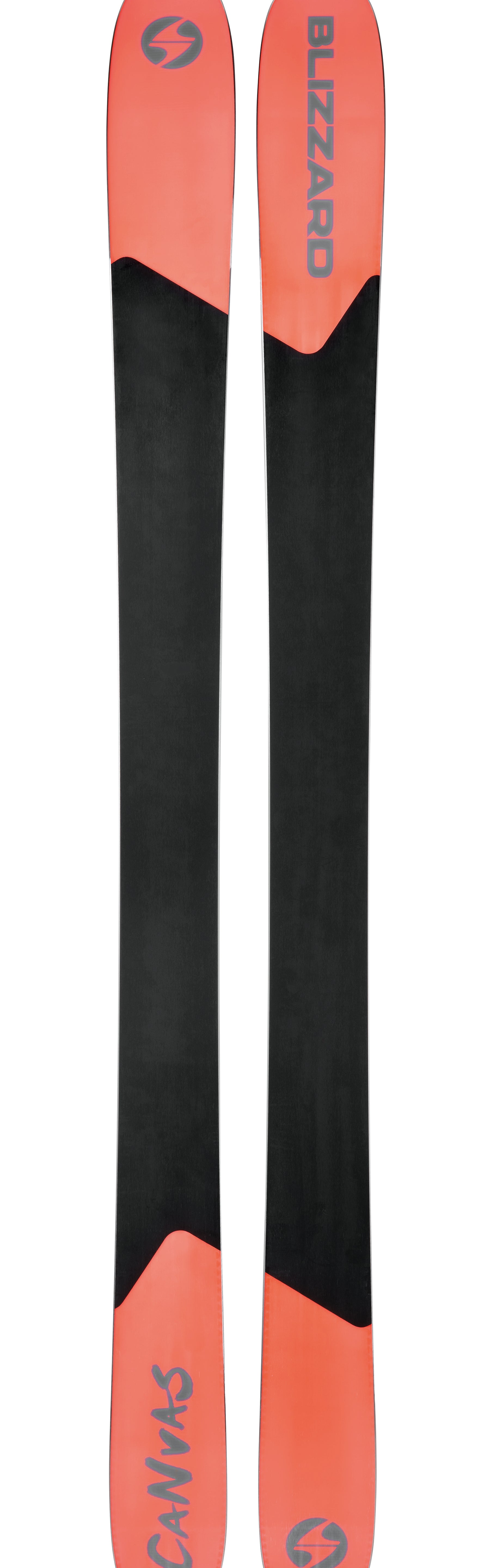 Pair of orange and black skis with teal branding and contrasting end caps.