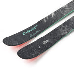 Pair of black skis with mint edge, teal lettering, and red-tinted tips.
