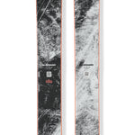 Pair of black, gray speckled skis with orange center stripe and Blizzard logo