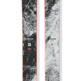 Pair of black, gray speckled skis with orange center stripe and Blizzard logo