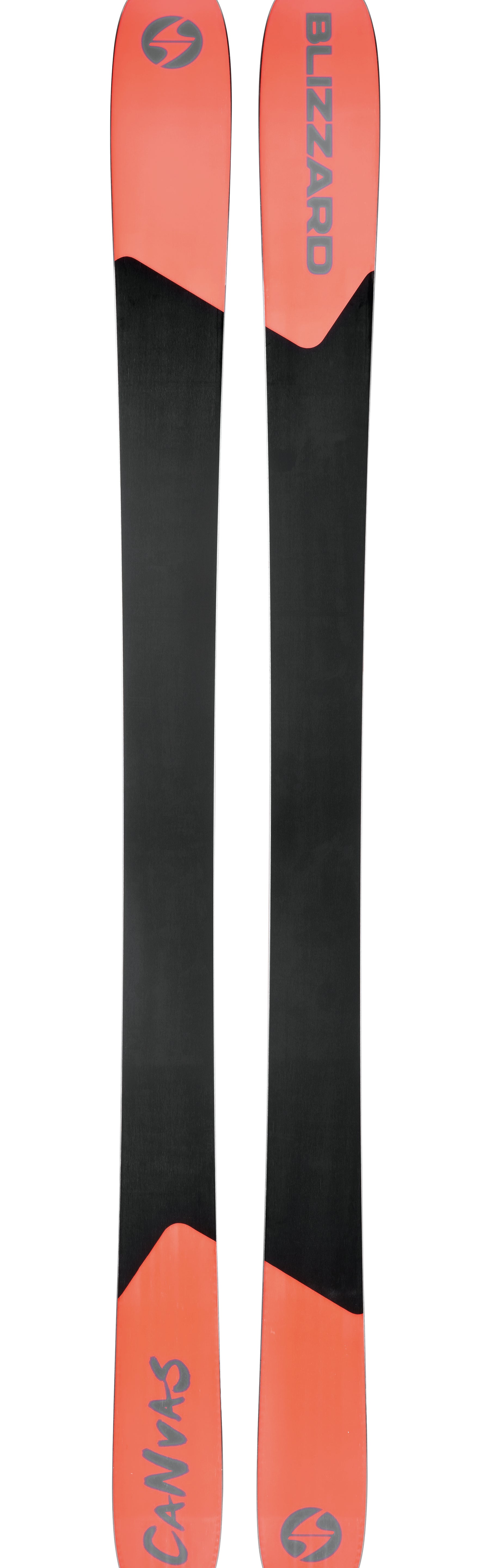 Pair of black skis with orange tips and side graphics, showing Blizzard logo