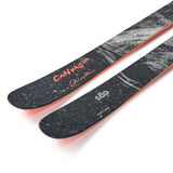 Skis with black speckled tops, orange trim, and Canvas branding near the tips