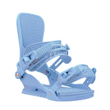 Union Women's Juliet Snowboard Bindings - A pair of light blue snowboard bindings with a geometric pattern on the straps and silver buckles.