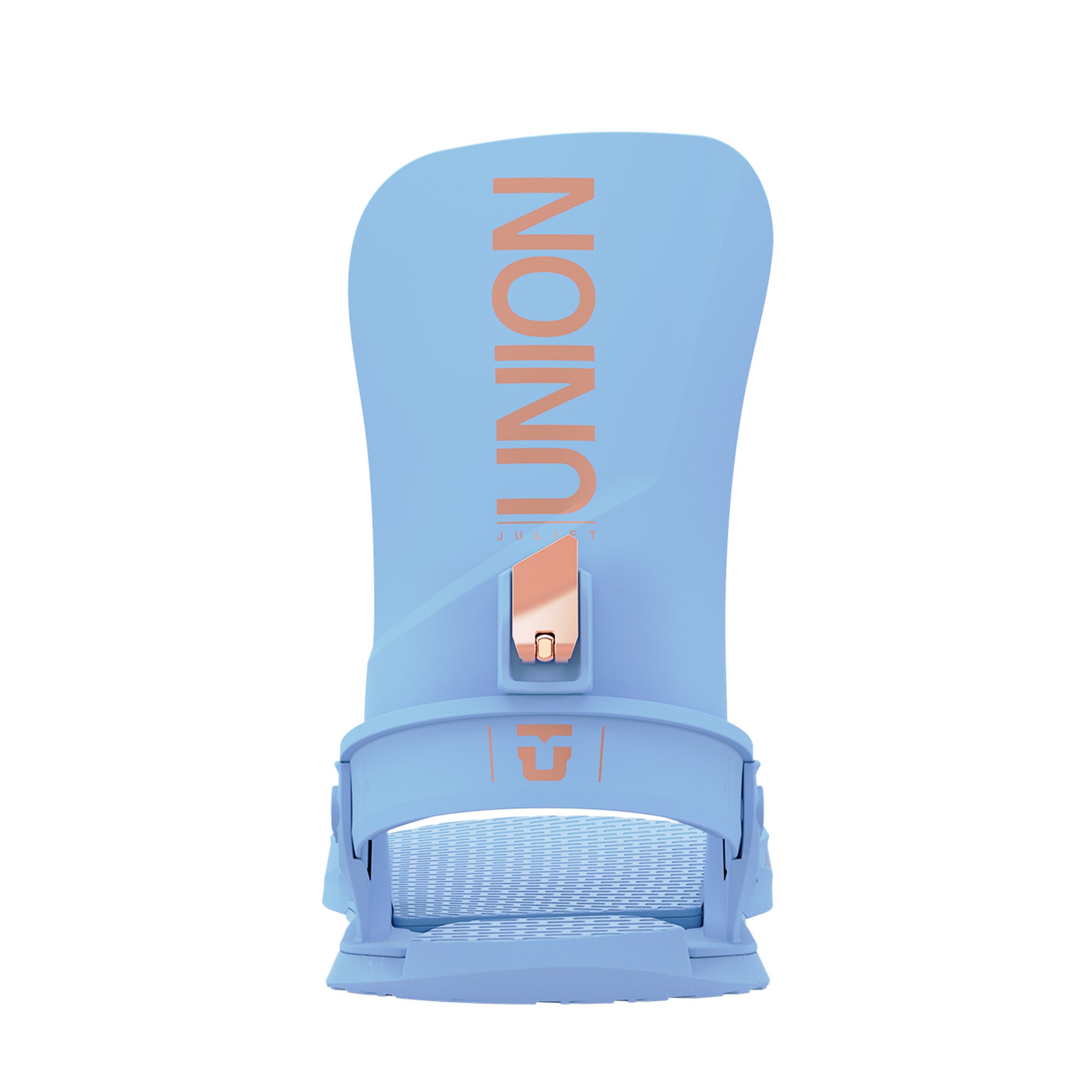 Union Women's Juliet Snowboard Bindings - A pair of light blue snowboard bindings with a rose gold buckle and strap hardware.
