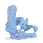 Union Women's Juliet Snowboard Bindings - A pair of light blue snowboard bindings with rose gold buckles and straps, featuring a geometric pattern on the strap.