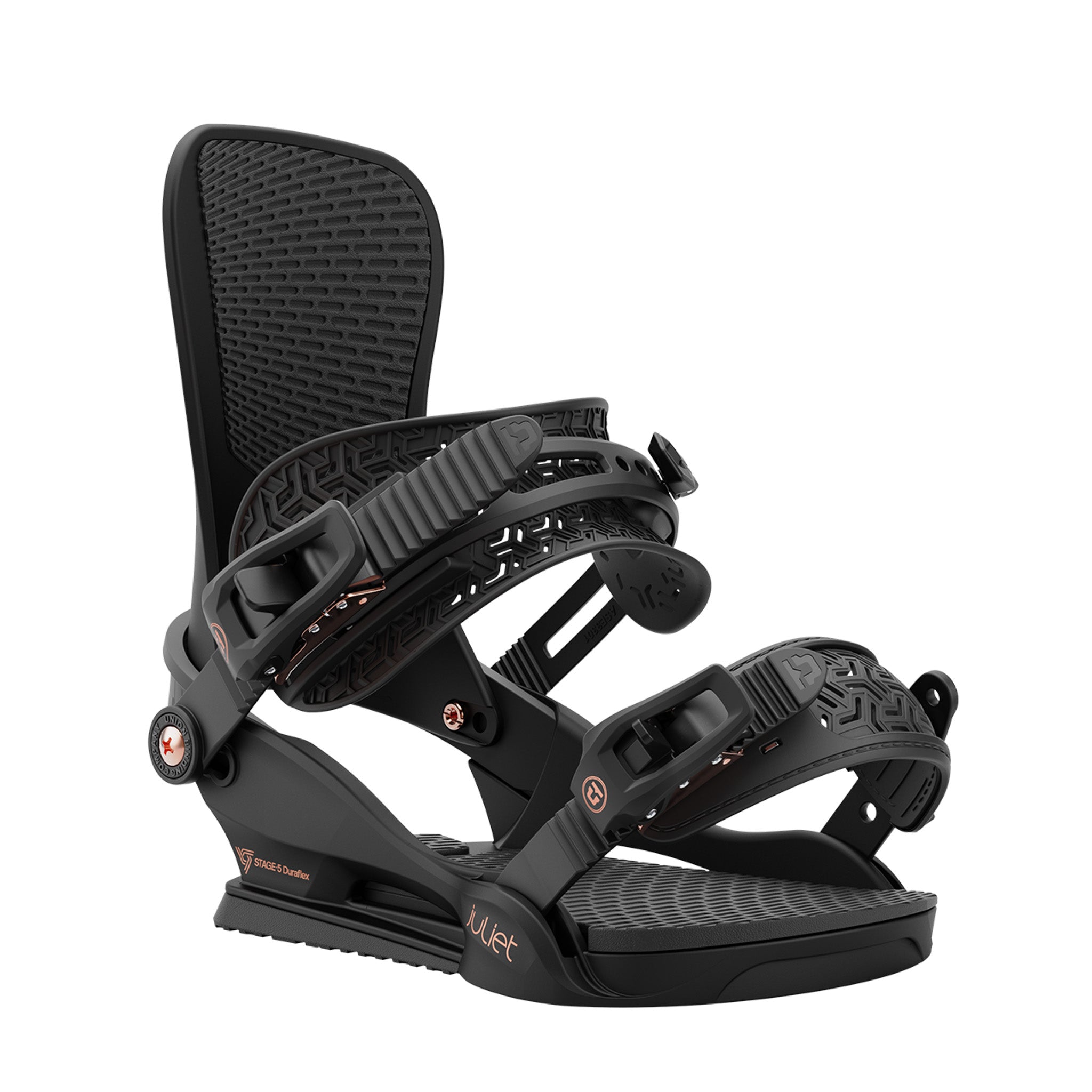 Union Women's Juliet Snowboard Bindings - Black bindings with a geometric pattern on the straps and baseplate.