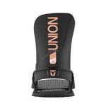 Union Women's Juliet Snowboard Bindings 2025 - A black snowboard binding with a rose gold buckle and strap hardware.