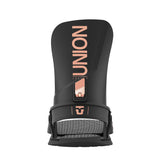 Union Women's Juliet Snowboard Bindings 2025 - A black snowboard binding with a rose gold buckle and strap hardware.