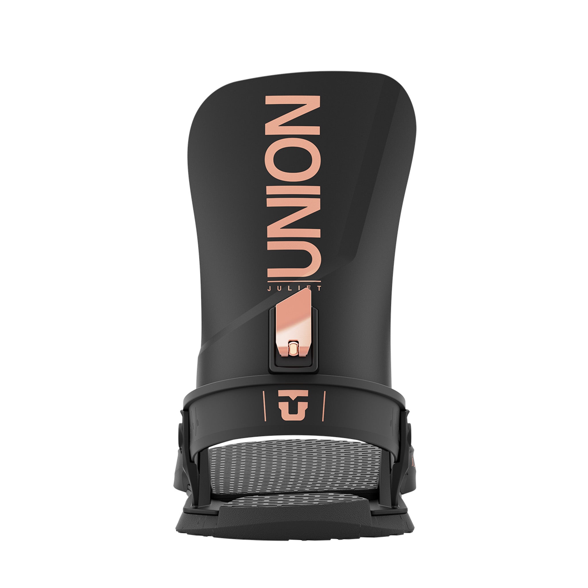 Union Women's Juliet Snowboard Bindings 2025 - A black snowboard binding with a rose gold buckle and strap hardware.