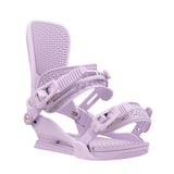 Union Women's Juliet Snowboard Bindings - A pair of light purple snowboard bindings with a geometric pattern on the straps and a textured footbed.