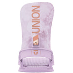 Union Women's Juliet Snowboard Bindings 2025 - A pair of light purple snowboard bindings with a rose gold buckle and strap hardware.