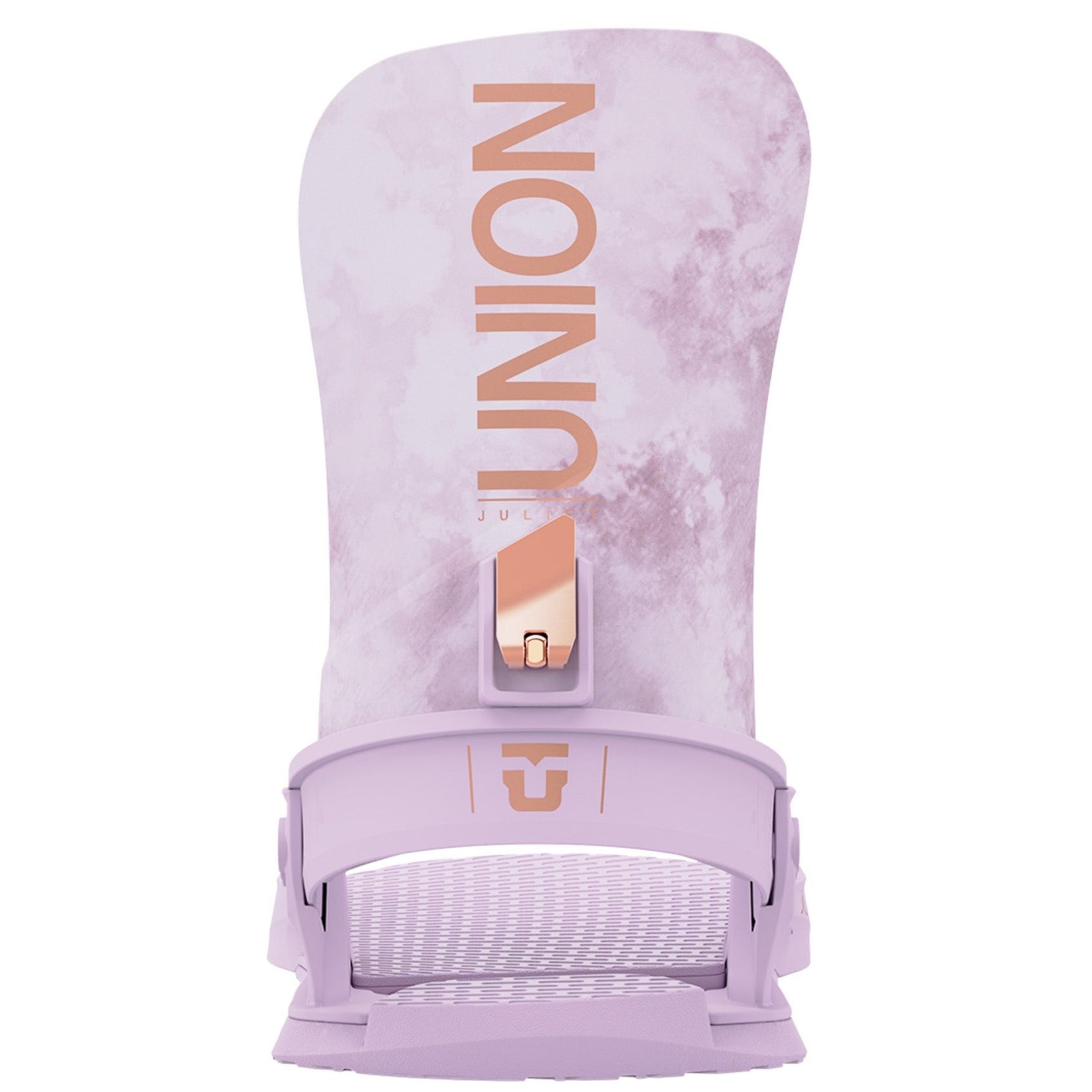 Union Women's Juliet Snowboard Bindings 2025 - A pair of light purple snowboard bindings with a rose gold buckle and strap hardware.