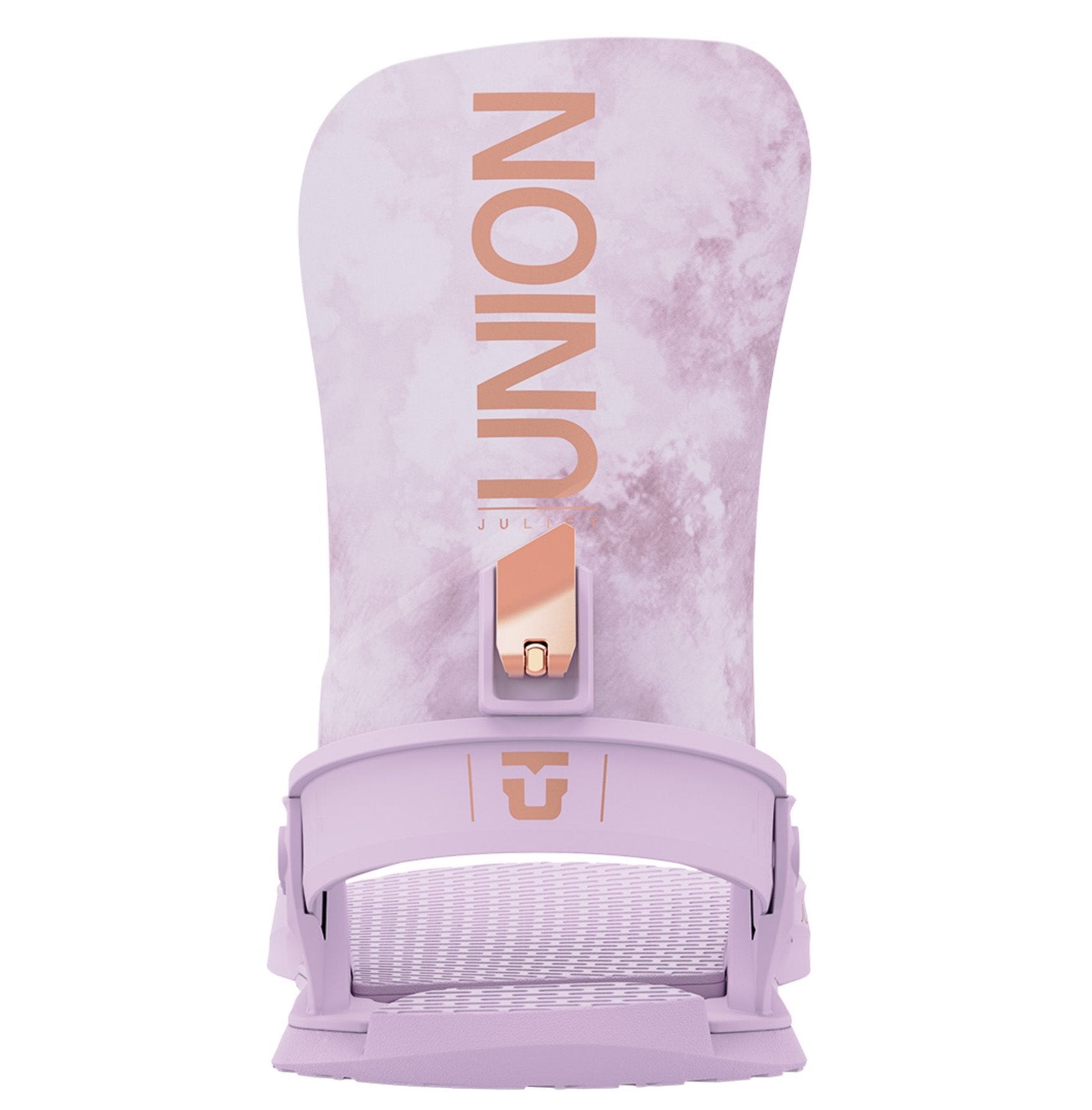 Union Women's Juliet Snowboard Bindings 2025 - A pair of light purple snowboard bindings with a rose gold buckle and strap hardware.