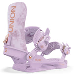 Union Women's Juliet Snowboard Bindings - A light purple snowboard binding with a rose gold buckle and strap hardware, featuring a geometric pattern on the straps.