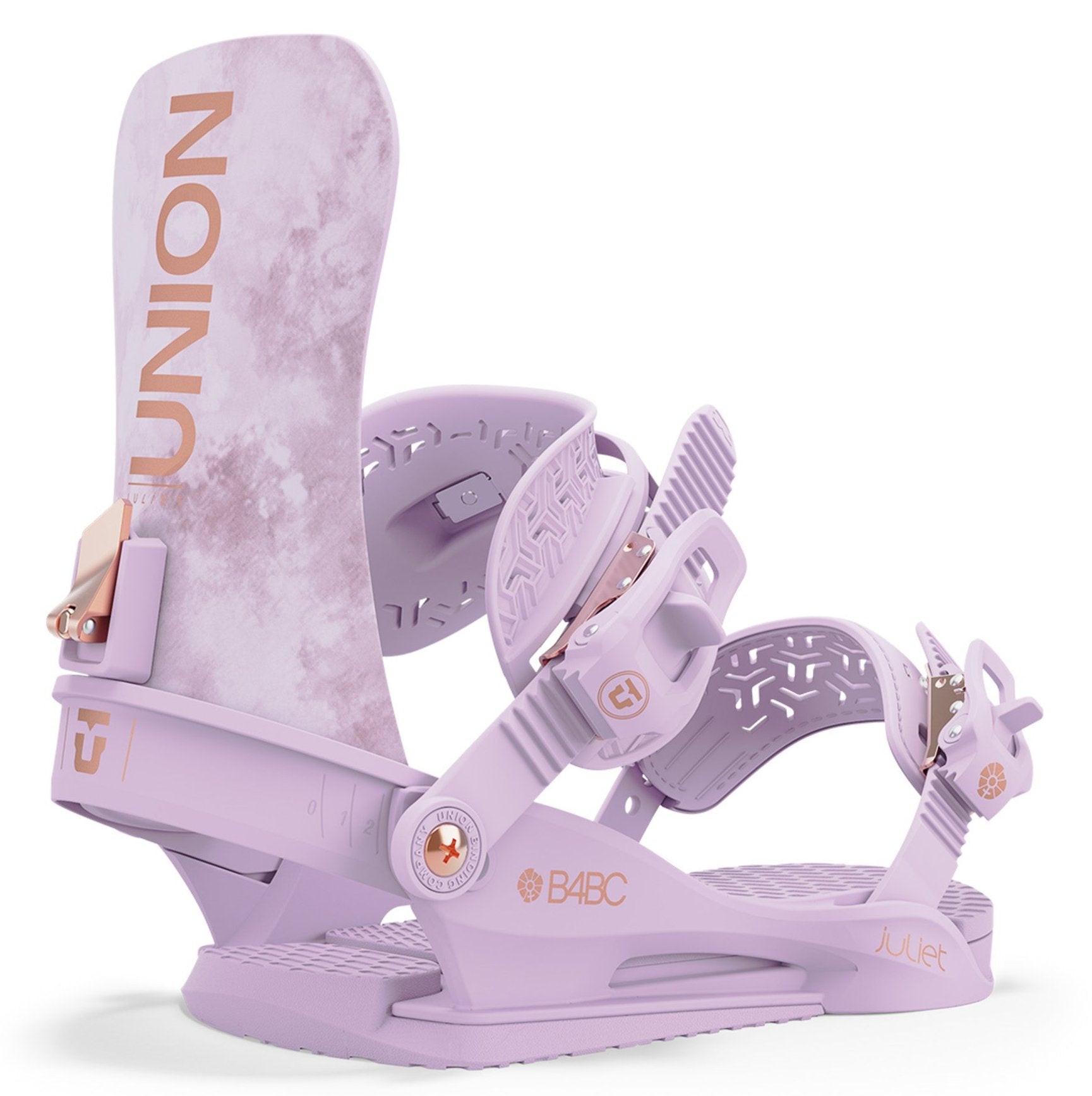 Union Women's Juliet Snowboard Bindings - A light purple snowboard binding with a rose gold buckle and strap hardware, featuring a geometric pattern on the straps.