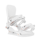 Union Women's Juliet Snowboard Bindings - White bindings with a geometric pattern on the straps and rose gold buckles.
