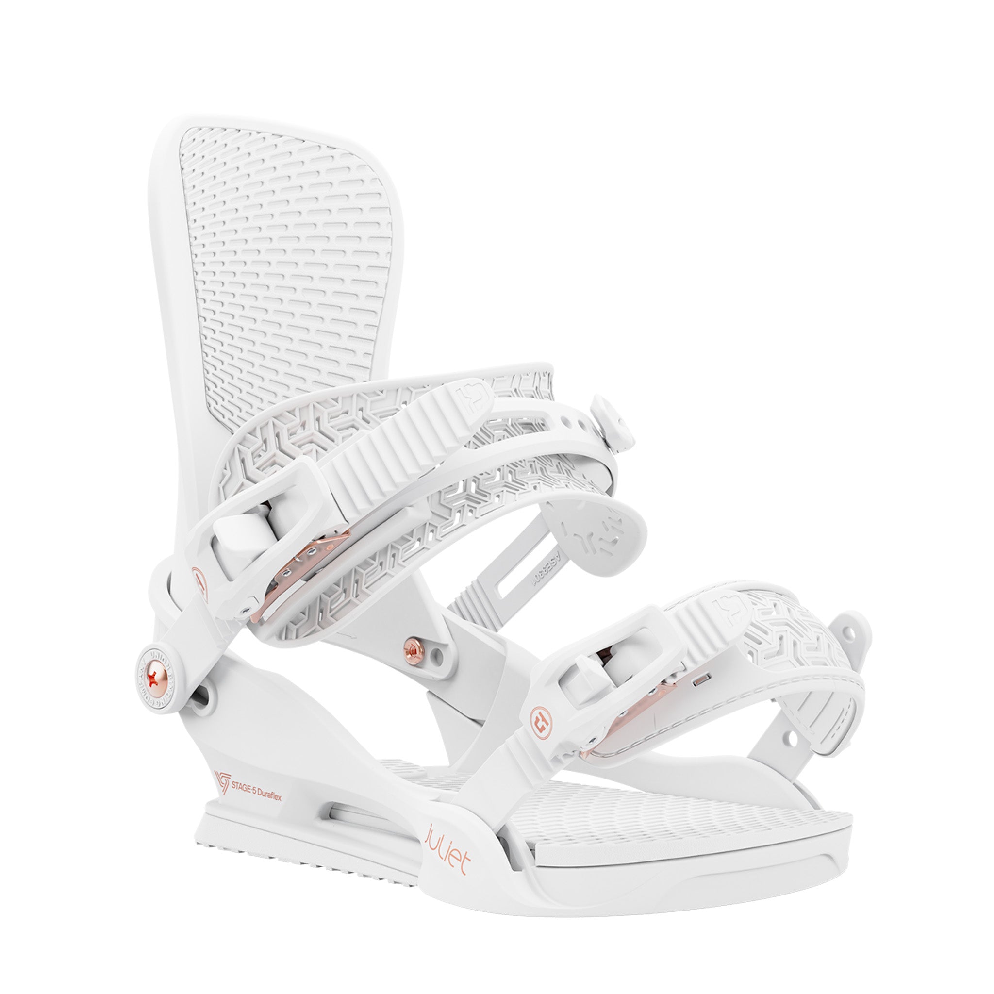 Union Women's Juliet Snowboard Bindings - White bindings with a geometric pattern on the straps and rose gold buckles.