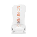 Union Women's Juliet Snowboard Bindings - A pair of white snowboard bindings with rose gold buckles and straps.