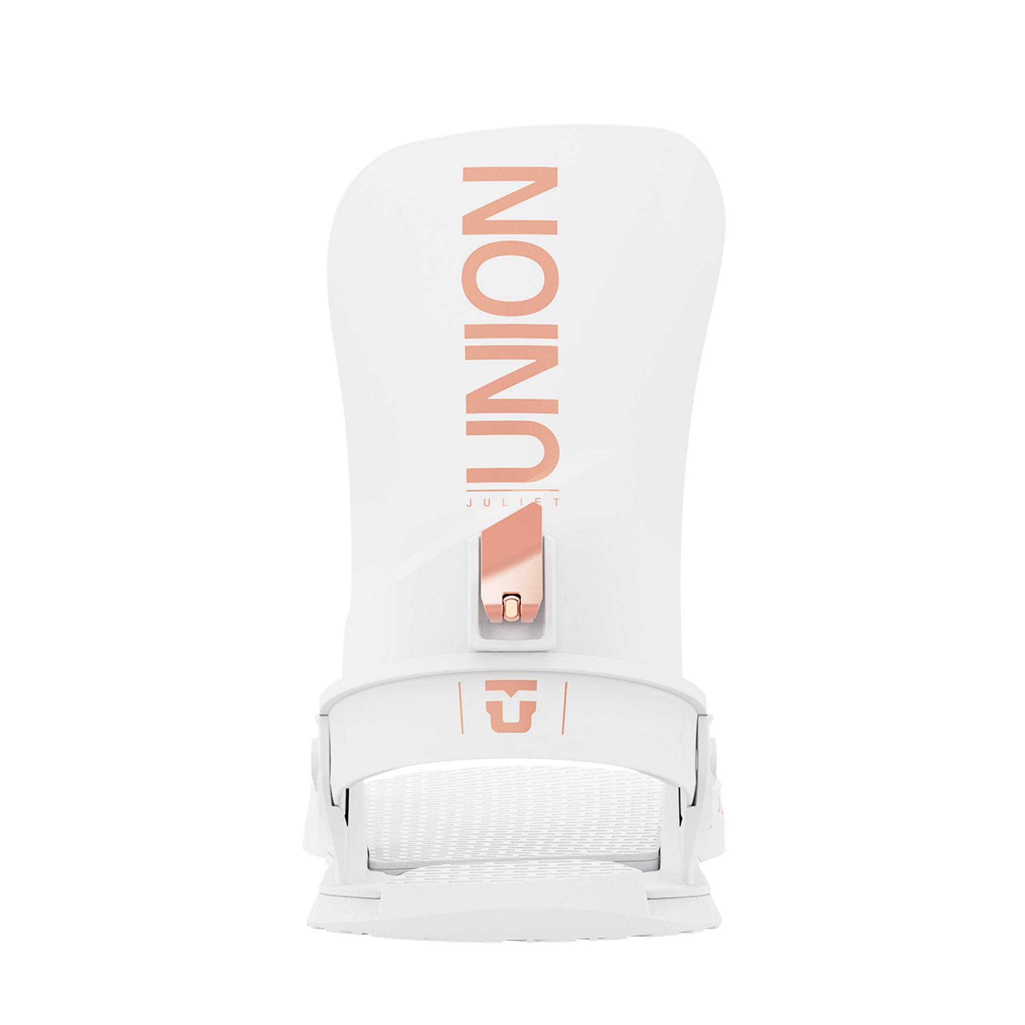 Union Women's Juliet Snowboard Bindings - A pair of white snowboard bindings with rose gold buckles and straps.