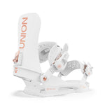 Union Women's Juliet Snowboard Bindings - White bindings with rose gold buckles and straps.