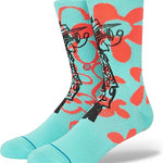 SURF CHECK BY RUSS C SOCK 2023 - A pair of light blue crew socks with a red and black graphic design featuring a man surfing on the front.
