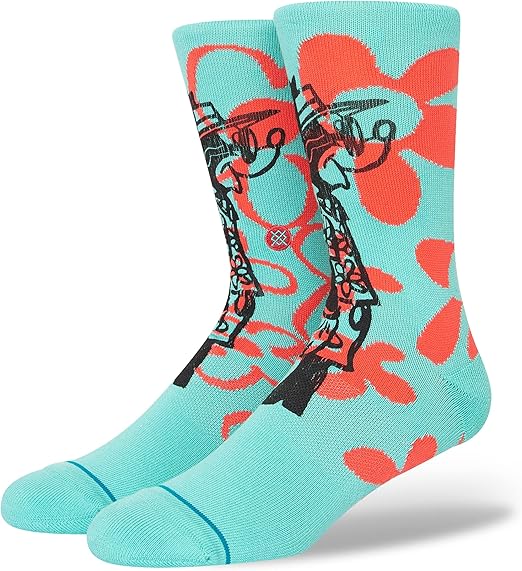 SURF CHECK BY RUSS C SOCK 2023 - A pair of light blue crew socks with a red and black graphic design featuring a man surfing on the front.