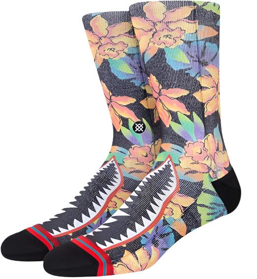 Stance Bomin Crew Sock 2024 - A pair of crew socks with a black background and colorful floral pattern featuring pink, yellow, blue, green, and purple flowers.